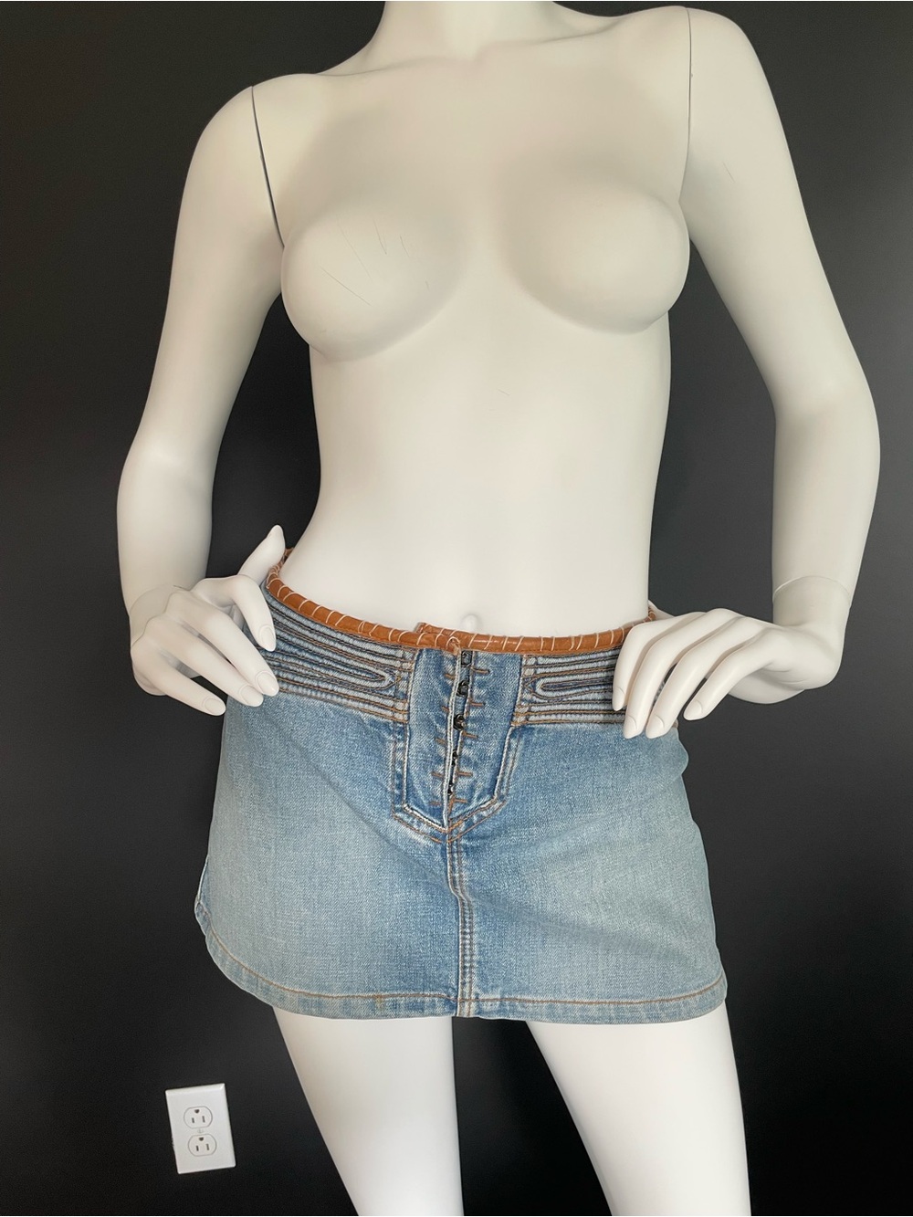 Roberto Cavalli S/S 2003 Vintage Denim Leather Trim Embroidered Mini Skirt XS